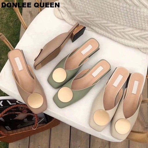 2022 Brand Designer Women Slippers Slip On Mules Flat Heel Casual Shoes British Buckle Slides Wooden Block Heels Summer Footwear ► Photo 1/6
