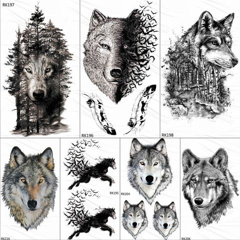 OMMGO Black Wolf Forest Tribal Feather Tattoos Temporary Sticker Tree Fierce Animal Fake Tattoo For Men Body Art Custom Tatoos ► Photo 1/6