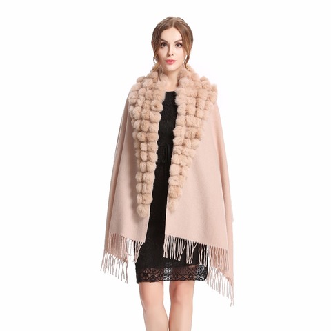 ZY87001 Fashion Womens Autumn Winter Wool With Rabbit Fur Pompon Warm Tassel Shawl Scarf Wrap 25 Colors Shipping Free ► Photo 1/6