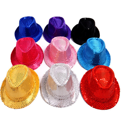 Adult  and Child Unisex Brilliant Glitter Sequins Hat Dance Fedora Hat Kid Dance Cap Solid Jazz Hat Party Glitter Costum 2size ► Photo 1/6