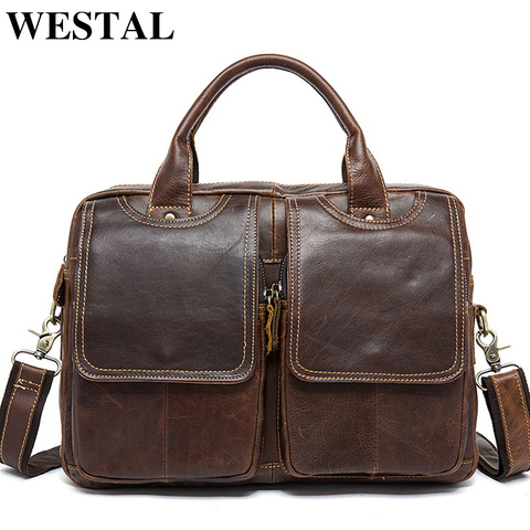WESTAL Men's Bag Genuine Leather Men's Briefcases Laptop Bag Leather Totes for Document Office Bags for Men Messenger Bags 8002 ► Photo 1/6