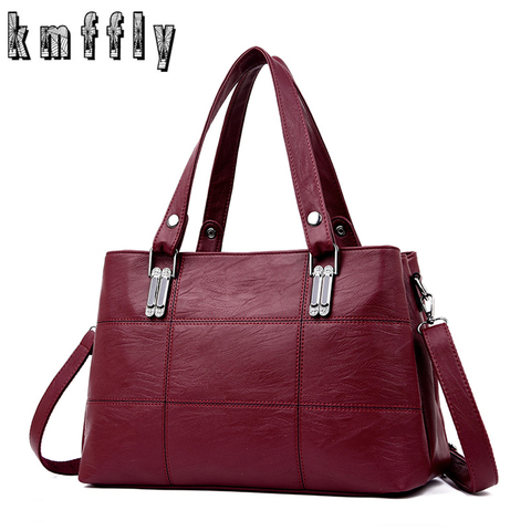 KMFFLY brand women leather handbags women's shoulder bags female messenger bag large capacity ladies casual tote bag black/red ► Photo 1/6