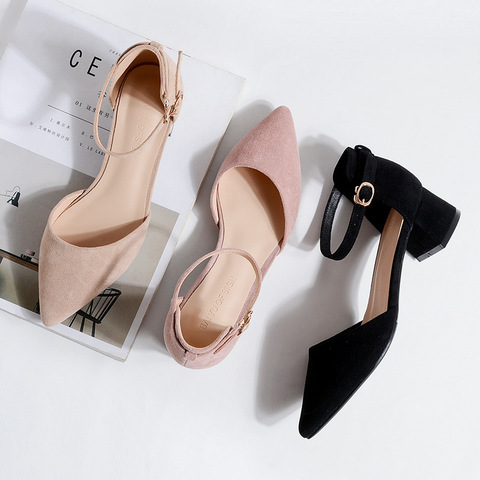 women pumps Word buckle Hollow Suede Single shoes Thick with Pointed Toe High heels women shoes ► Photo 1/5