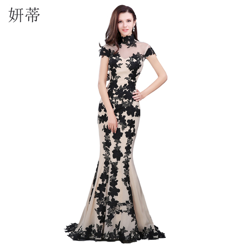 Elegant Black Short Sleeve Mermaid Evening Dress 2022 Applique Chiffon Prom Dresses Custom Made 100% Actual Image Sheer Gown ► Photo 1/5