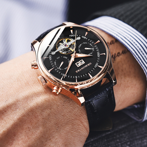 Skeleton Tourbillon Mechanical Watch Men Automatic Classic Rose Gold Leather Mechanical Wrist Watches Reloj Hombre 2022 Luxury ► Photo 1/6