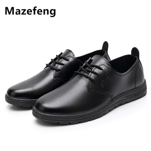 Mazefeng Male Leather Shoes Breathable Round Toe Men Dress Shoes Lace-up Waterproofing Solid Business Leather Shoes Black Flats ► Photo 1/6