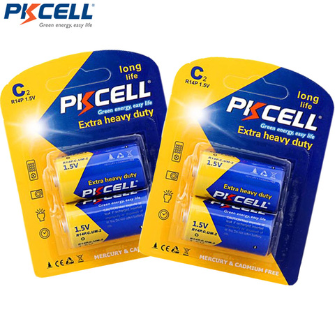 4 x PKCELL Super Heavy Duty R14P C Size  UM2 Batteries 1.5 Volts Dry Cell Carbon Zinc Battery in 2 Card ► Photo 1/1