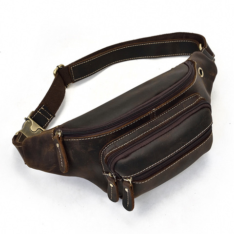 Luufan Leather Waist Bag Men Casual Crazy Horse Leather Fanny Pack Phone Sunglasses with earphone Hole Sports Waist Packs ► Photo 1/6