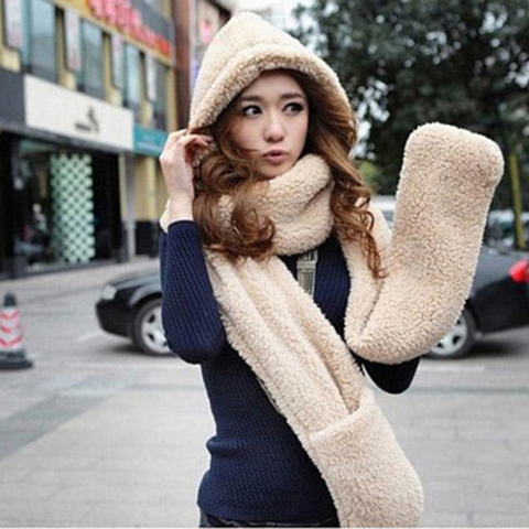 New Fashion Hooded Scarf Hat Glove Hot Sale 3 Piece Sets Women Winter Warm Soft Hood Scarf Snood Pocket Hats Gloves ► Photo 1/6