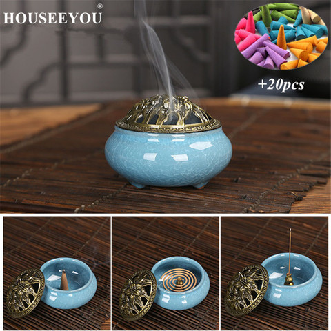 HOUSEEYOU Ceramic Incense Burners Portable Porcelain Censer Buddhism Incense Holder Home Tea house Yoga Studio 20Pcs Cones Gift ► Photo 1/1