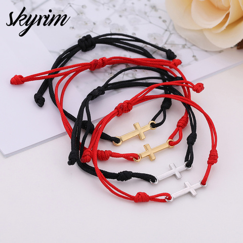Skyrim Handmade Knot Religion Cross God Bless Bracelet Black Red Cord String Wax Rope Chain Pendant Bracelets for Women Men ► Photo 1/6