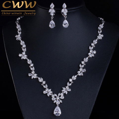 CWWZircons 2022 New Wedding Costume Accessories Cubic Zircon Crystal Bridal Earrings and Necklace Jewelry Sets for Brides T123 ► Photo 1/6