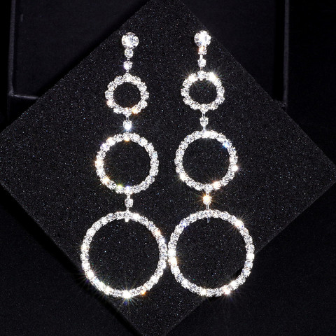 New Style Long Dangle Earrings For Women Silver Color Crystal Circles Hanging Earrings Bridal Wedding Jewelry Wholesale WX004 ► Photo 1/5