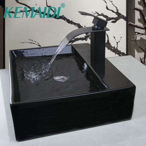 KEMAIDI Rectangular Bathroom Shampoo Black ORB Ceramic Countertop Bowl Wash Basin Sink Vessel With Pop Up Drain Faucet sets ► Photo 1/1
