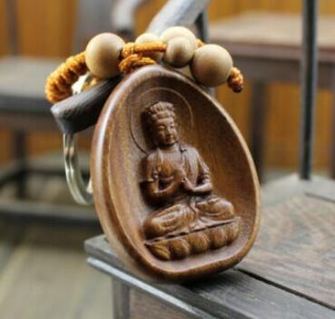 Wood Carved Chinese Dari Kwan Yin Buddha Statue Pendant Key Chain ► Photo 1/3