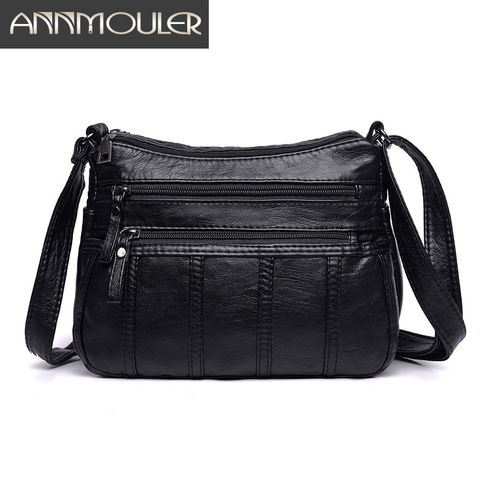 Annmouler Fashion Women Crossbody Bag Black Soft Washed Leather Shoulder Bag Patchwork Messenger Bag Small Flap Bag for Girls ► Photo 1/6