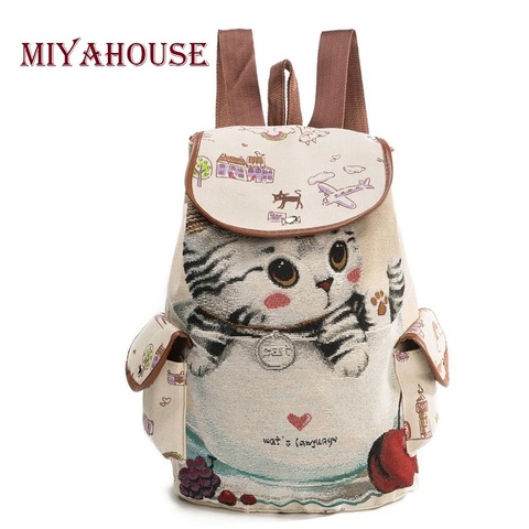 Miyahouse Casual Canvas School Backpack Women Lovely Cat Printed Drawstring Backpack Teenager Large Capacity Ladies School Bag ► Photo 1/6