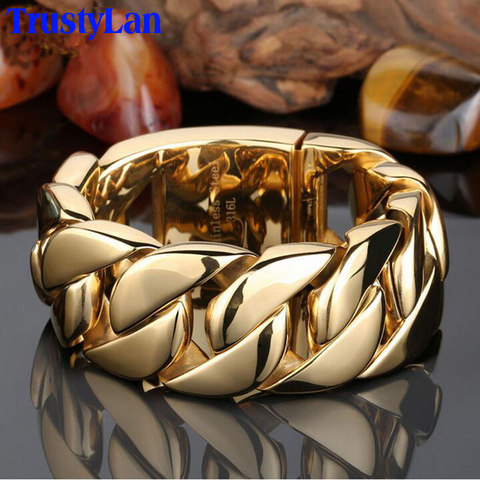 Yellow Gold Color Mens Bracelets & Bangles 32MM Wide Armband Heavy Powerful Solid Stainless Steel Bracelet Men Rocker Jewellery ► Photo 1/4