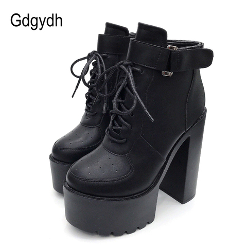 Gdgydh Hot Sale Russian Shoes Black Platform Boots Women Zipper Autumn High Heels Shoes Lace Up Ankle Boots White Rubber Sole ► Photo 1/6