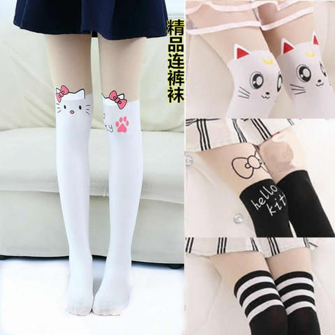 4 To 14 Year Children's Kids Girls Thin Tights Pantyhose Knee Fake Tattoo Velvet Stocking white Cartoon Kitty Cat Girl Tights ► Photo 1/5