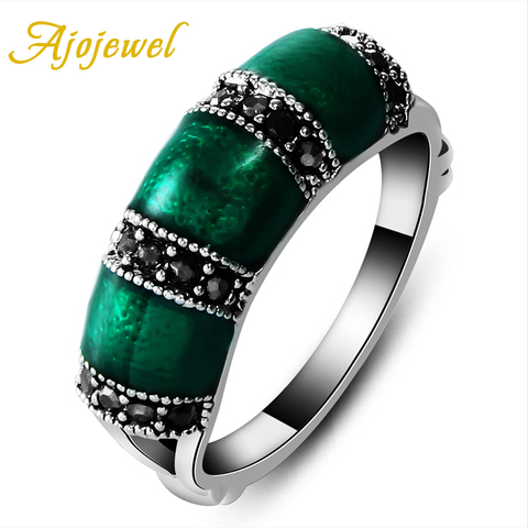 Ajojewel #6.5-9 Brand Bamboo Designer Vintage Women Green Ring With Black CZ Stone Enamel Jewelry High Quality Party Gift ► Photo 1/6