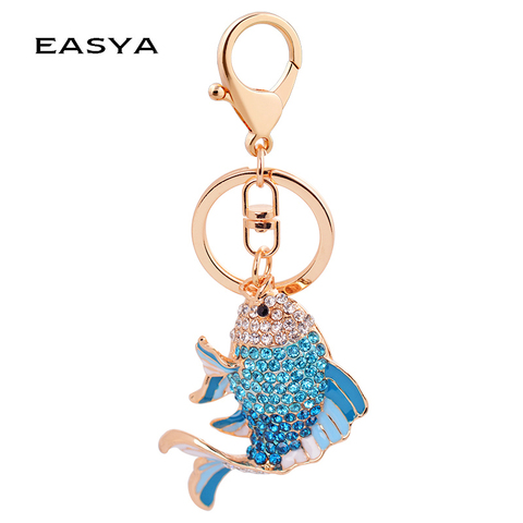 EASYA Fashion Rhinestone Cute Colorful Fish Key Ring Chain 2 Colors Pink Blue Car Keychain for Women Bags Charm CHY-2415 ► Photo 1/6