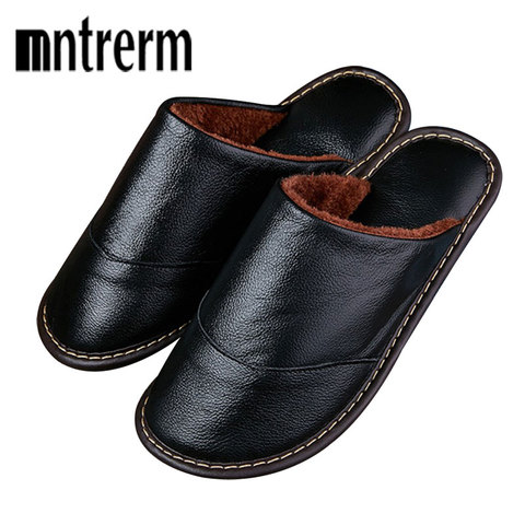 Mntrerm Men Winter Warm Home Slippers Couple Thick Plush Non-slip House Shoes Men Indoor Floor Bedroom Genuine Leather Slippers ► Photo 1/1