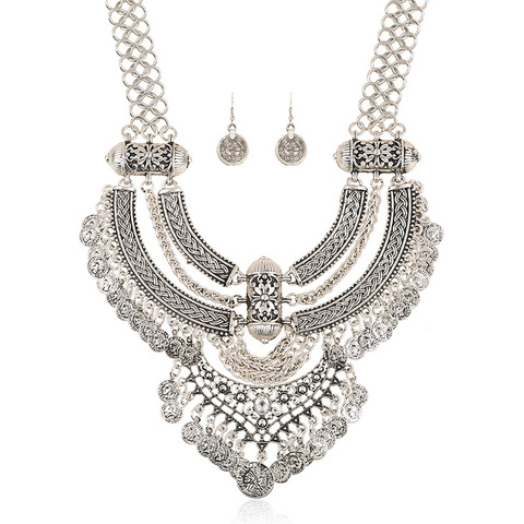 New Fashion Bohemian Vintage Statement Necklace Sliver Ancient Long Coin Tassel Maxi Necklace Collier Ethnic Jewelry Sets ► Photo 1/6