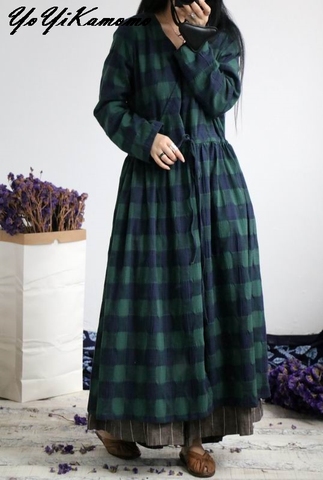 YoYiKamomo Cotton Linen Plaid Vintage Dress Women New Original Autumn Winter Loose Irregular Robes Loose Casual Women Gowns ► Photo 1/4