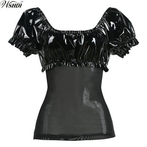 S-XXL New Black PVC Latex Sexy Punk Gothic T-shirt Exotic Faux Leather Gauze Patchwork Tops PVC Mesh Top Club Party Costume ► Photo 1/1