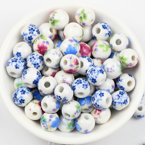 JHNBY 50pcs Decal Ceramic beads 8/10/12MM Plum and Peony Spacer Round Loose beads for Jewelry bracelets making DIY accessories ► Photo 1/6