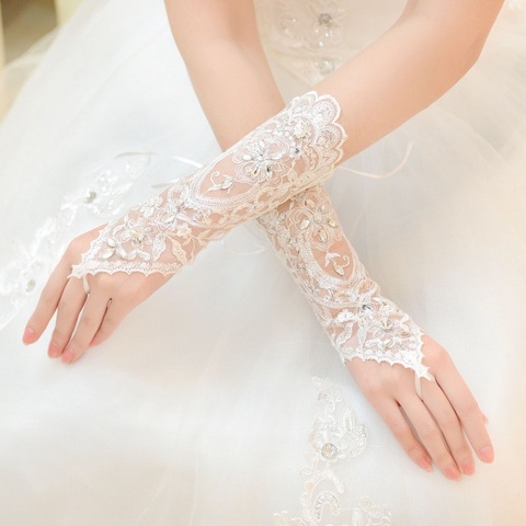 1 pair Bride Short Gloves Beads Rhinestone Lace Fingerless Weddings Gloves ► Photo 1/6