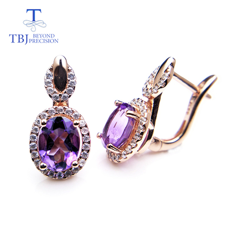 TBJ, Natural african amethyst gemstone clasp earring solid 925 sterling silver yellow gold color shiny gift for women girls ► Photo 1/6