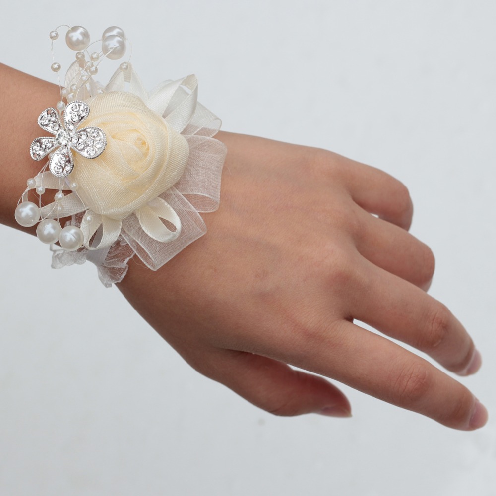 Wedding Bride Bridesmaid Wrist Corsage Boutonniere Pearl Rose Flower Hand Flower 