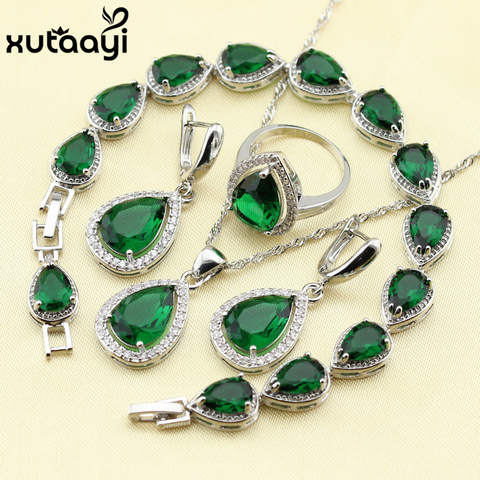 925 Silver Water Drop Wedding Jewelry Set For Women Green Stones White crystal Bracelet Earrings Necklace Pendant Rings ► Photo 1/6