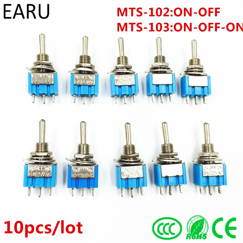 10pcs 3-Pin SPDT ON-OFF-ON Toggle Switch 6A 125VAC MTS-103 