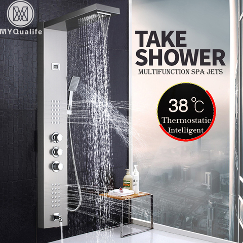 Brushed Nickel Thermostatic Shower Faucet Waterfall Rain Shower Panel 3 Handles Bathroom Shower Mixer Column with Handshower ► Photo 1/6