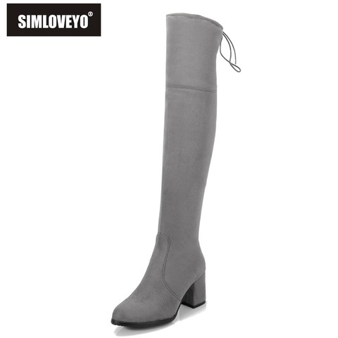 SIMLOVEYO Black Gray Womens Micro suede Thigh High boots Block Thick heel Stretch Over the knee boots women Plus size 32-48 B007 ► Photo 1/6