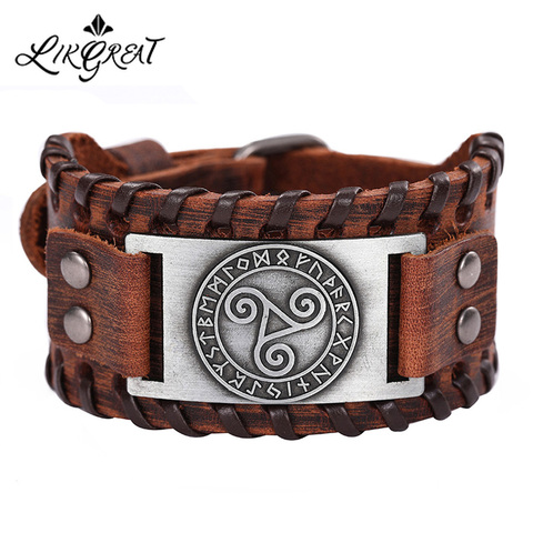 LIKGREAT Genuine Leather Bracelets Vintage Celtics Symbol Triskel Wicca Runes Amulet Wrist Jewelry Men Bracelet Accessories Gift ► Photo 1/6