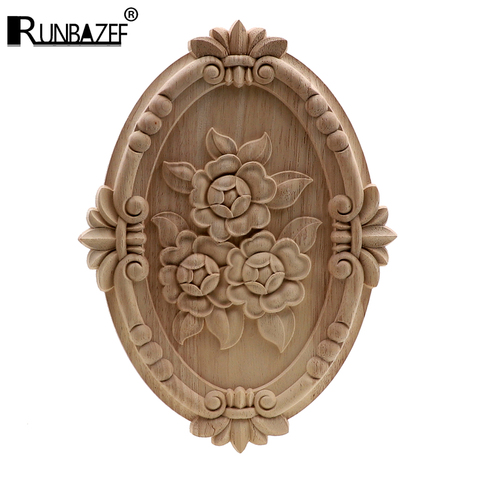 RUNBAZEF Rose Wood Carving  Cabinet Door Heart Flower  Applique Furniture Accessories Relief Solid Elliptical  Figurine ► Photo 1/6