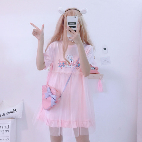Summer Lolita Dresses 2022 Japanese Kawaii Rabbit Cute Anime Short Sleeve Pink White Dress Casual T Shirt Dress Female Clothing ► Photo 1/6