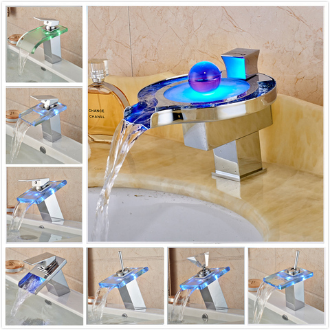Luxury LED Color Changing Waterfall Basin Sink Faucet Single Handle Deck Mounted Hot and Cold Mixer Taps ► Photo 1/6