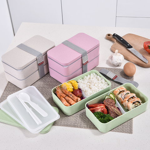 1200ml Wheat Straw Double Layers Lunch Box With Spoon Healthy Material Bento Boxes Microwave Food Storage Container Lunchbox ► Photo 1/6
