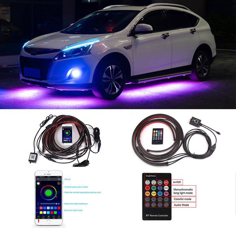 4pcs Car Underglow Strip LED Remote Control RGB Decorative Atmosphere Neon Light 