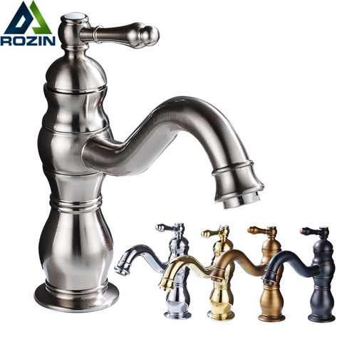Brushed Nickel Basin Faucet Single Handle Hot Cold Water Bathroom Tap Deck Mounted Long Spout Lavatory Sink Mixer Faucet ► Photo 1/6