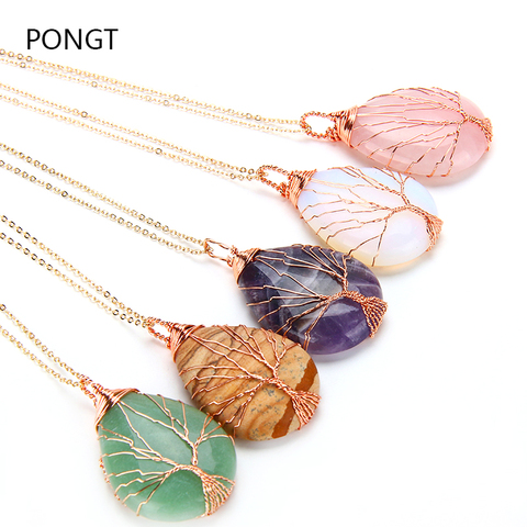 Natural purple Quartz Opal Stone Pendants Handmade Rose Gold Color Tree of Life Wrapped Drop Shaped crystal pendant necklace ► Photo 1/6