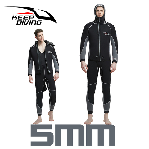 Double Warm Professional 5MM 2-Piece Neoprene Scuba Dive Wetsuit With Hood Zipper Split Spearfishing Wet Suit For Men Equipment ► Photo 1/3