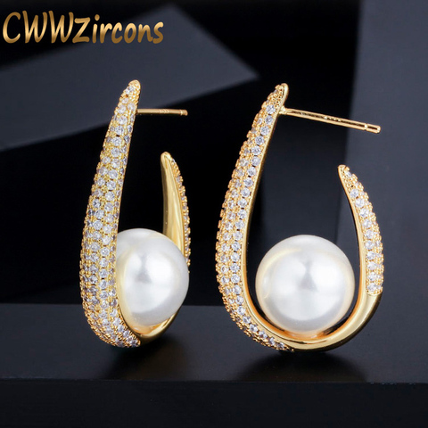CWWZircons Unique Trendy Micro Pave Cubic Zirconia U Shape Yellow Gold Color Big Pearl Hoop Earrings for Women Jewelry CZ565 ► Photo 1/6