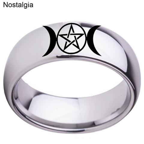 Nostalgia Triple Moon Goddess Stainless Steel Wicca Crescent Moon Ring Pentagram Pagan Jwelry For Women Men ► Photo 1/6