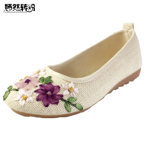 Vintage Embroidered Women Flats Flower Slip On Cotton Fabric Linen Comfortable Old Peking Ballerina Flat Shoes Sapato Feminino ► Photo 1/6
